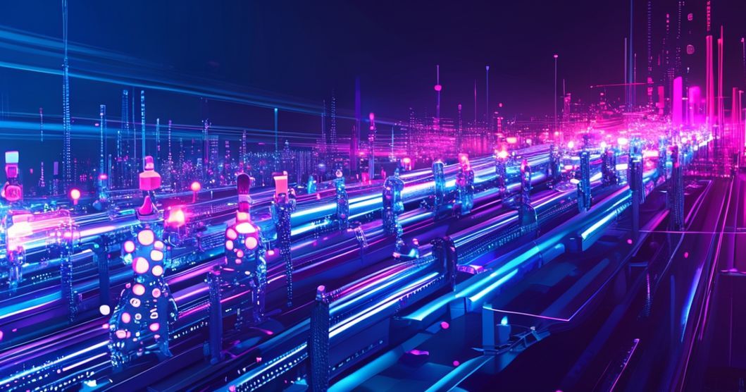 Hero image for "Building an AI-Powered Image Pipeline for My Blog with Claude Code": Abstract digital assembly line with glowing nodes transforming text into vibrant images, streams of