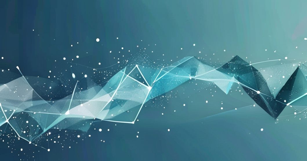 Hero image for "My First Experience with Github Copilot: Generating Dynamic Copyright Year": Abstract geometric shapes forming collaborative dance, soft glowing particles connecting them, teal