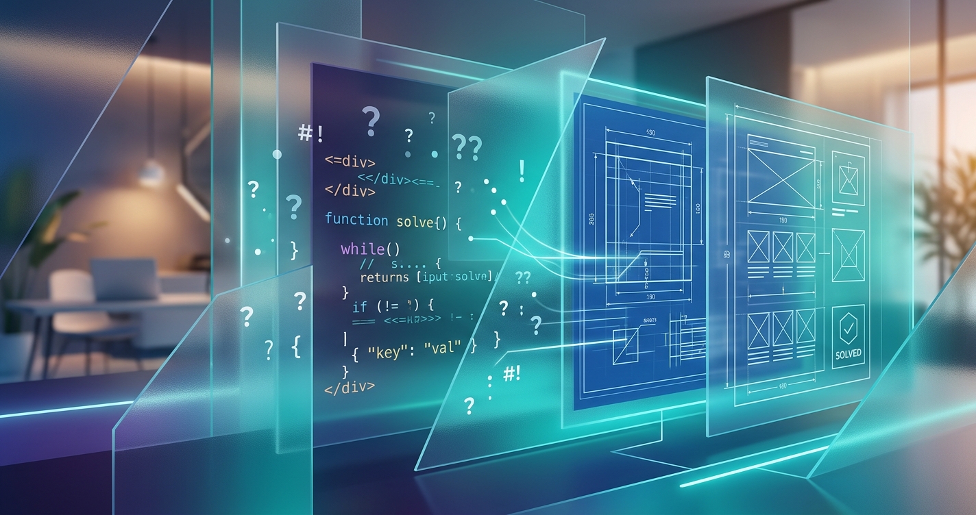 Hero image for "My current Claude Code setup and how I use it": Abstract workspace with layered translucent panels showing code fragments and question marks morphin